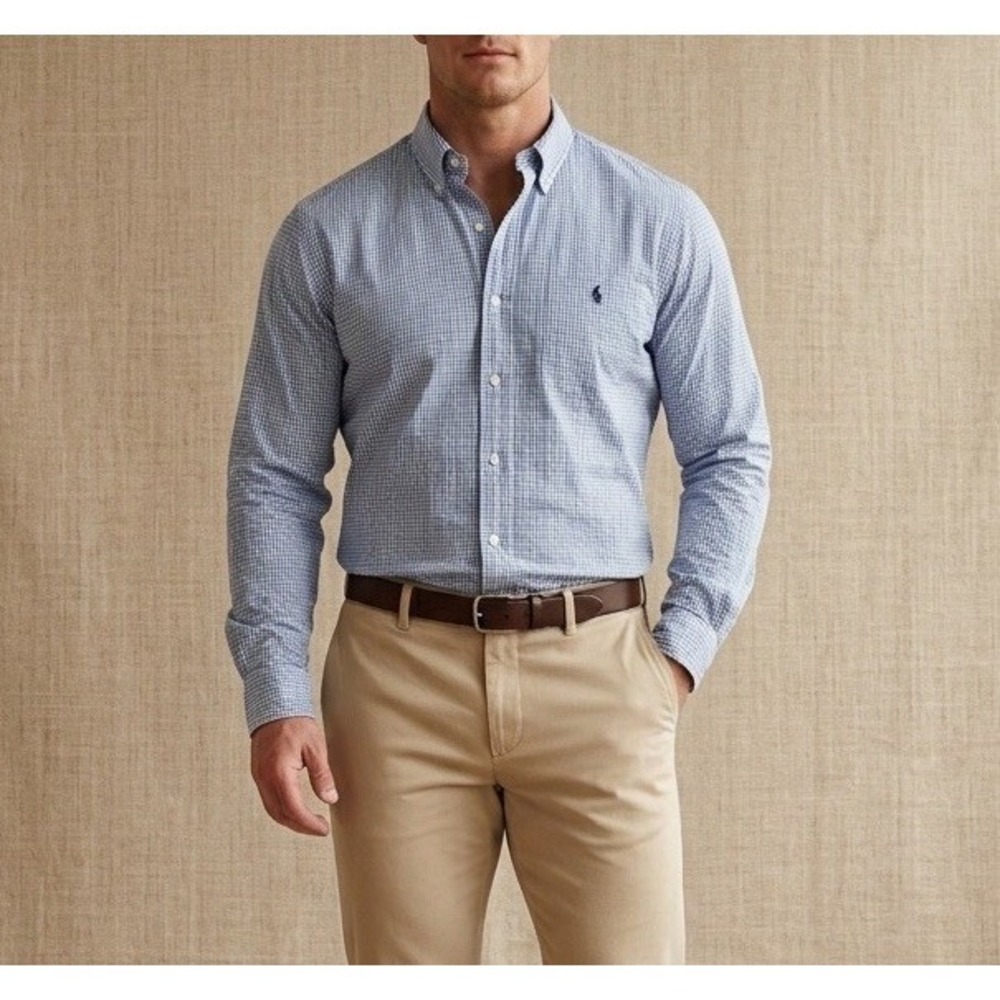 Ralph Lauren‎ Classic Fit Shirt Mens 17 36/37 Blue Checks Button Down Pony Logo